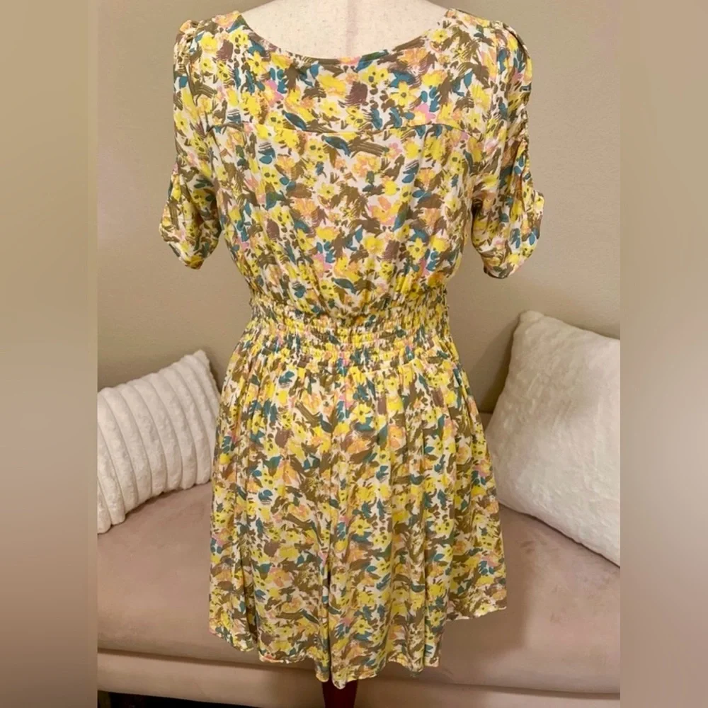 Free People Forget Me Knot yellow floral tie front V neck minidress women’s Sz 8 - Picture 5 of 14